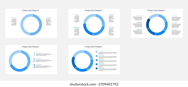 Variedad de Plantillas de infografía de diagrama de ciclo de rosquilla delgada azul con dos tres cuatro cinco y seis pasos en estilo de diseño plano. Imagen Clipart aislada en el fondo.