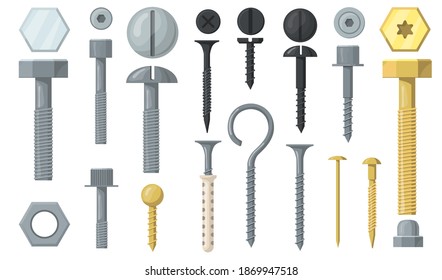 Variety of bolts and screws flat set for web design. Cartoon silver nails, nuts and washers isolated vector illustration collection. Hardware and repairing tools interior concept