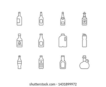 Variety of bottles, vector line icons set with wine, beer, champagne, tequila, sauce, ketchup, milk, fitness, soda, water, juice, olive oil. 