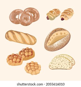 Variety of bread hand drawn vector illustration.