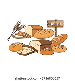 A variety of bread on display with a sign