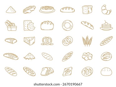 Variety of bread and pastry icons in editable vector line