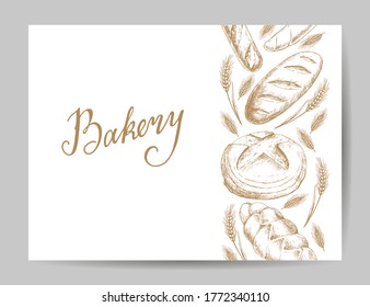 Variety of breads. Business card template with Bakery products elements and lettering. Hand drawn vector illustration.