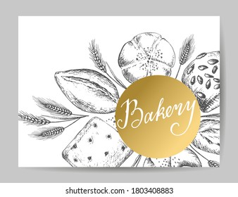 Variety of breads. Business card template with Bakery products elements. lettering isolated on golden background. Hand drawn vector illustration.