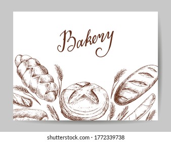 Variedad de panes aislados en el fondo blanco. Plantilla de tarjeta de visita con elementos y letras de productos de panadería. Ilustración vectorial dibujada a mano.