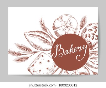 Variety of breads isolated on white background. Business card template with Bakery products elements and lettering. Hand drawn vector illustration.