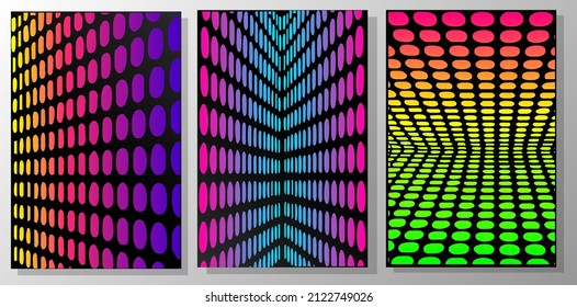 Variety of bright psychedelic gradient backgrounds, contrasting colors. Fluorescent circles on black backdrop. Geometric shapes in perspective, optical illusion.vector illustration.