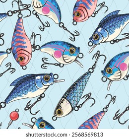 A variety of brightly colored fishing lures are displayed in a repeating pattern on a light blue background. The lures include different shapes and sizes showcasing intricate designs.