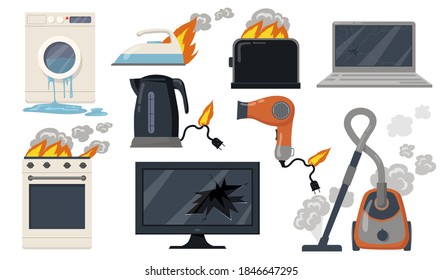 Variety of broken home electrical appliances flat item set. Cartoon damaged stove, toaster, vacuum cleaner, laptop isolated vector illustration collection. Household and equipment concept