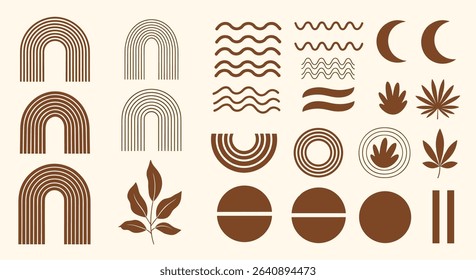 A Variety of Brown Boho Illustrations Including Arches Waves Moon and Leaves