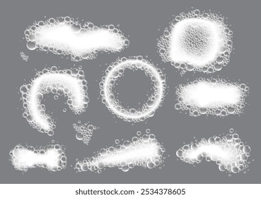 A variety of bubbles, each displaying unique designs, gracefully float on a plain gray surface