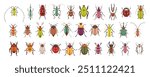 Variety of bugs and beetles types and kinds. Colorful insects of various shapes. Nature and biodiversity insects species. Beetle set vector flat illustration.