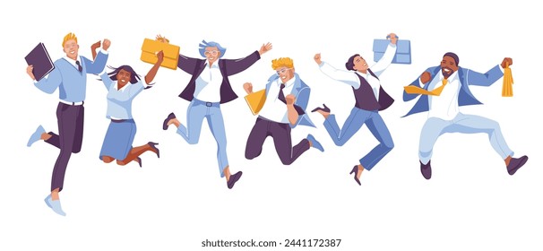 variety of business people jumping together. Teamwork and winning challenges. Isolated on white background. Vector flat illustration