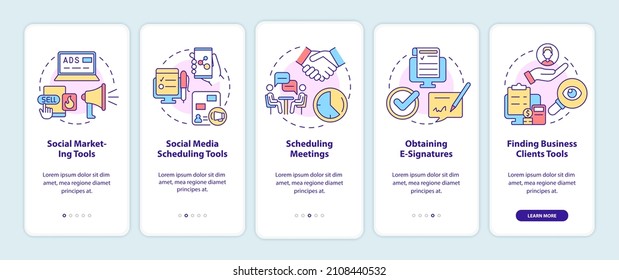 Variety of business tools onboarding mobile app screen. Social marketing walkthrough 5 steps graphic instructions pages with linear concepts. UI, UX, GUI template. Myriad Pro-Bold, Regular fonts used