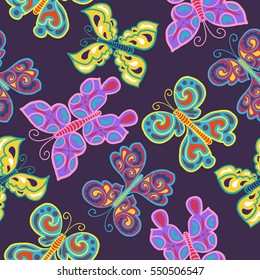 variety butterfly colors seamless pattern on purple