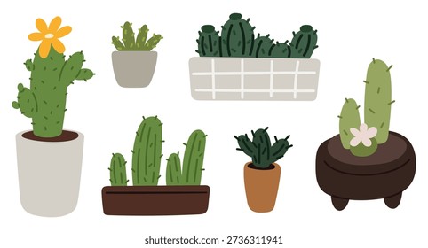 Variety of cacti with needles and flowers in pots. Decorative flowerpot. Home succulent greenery. Interior botanical decor. Potted cactus. Prickly plant cultivation. Vector set of tropical houseplants