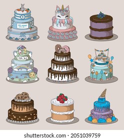 Variety of Cake Decoration Isolated Vector Illustration Baking Cakes