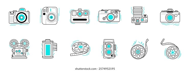 variety of cameras and film reels representing different eras of photography and filmmaking.