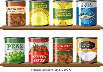 Variety of canned food items displayed on shelves.