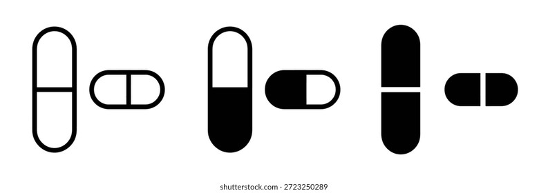 Variety of capsules and pills in different sizes and colors,Pills vector vector filled and outlined iconss collection,Pill capsule icon. Tablet icon. Pills capsules icon in flat style.