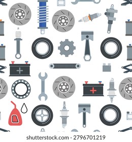 A variety of car components and tools arranged neatly.