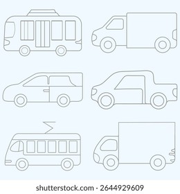 Variety of Car Silhouettes in Simple Line Art. Set of various car. eps 10