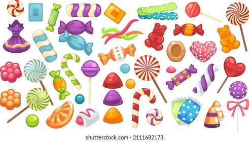Variety of caramel and chocolate candies and bonbons, assortment of lollipops in glossy wrapping and bows. Shop or store with confectionery and dessert, sweets and treats. Vector in flat style
