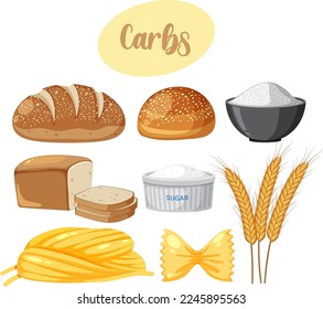 Variety of carbohydrates foods illustration