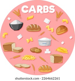 Variety of carbohydrates foods illustration