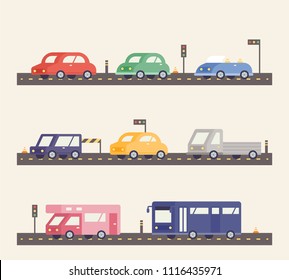 A variety of cars on the road. geometric flat design style vector graphic illustration set