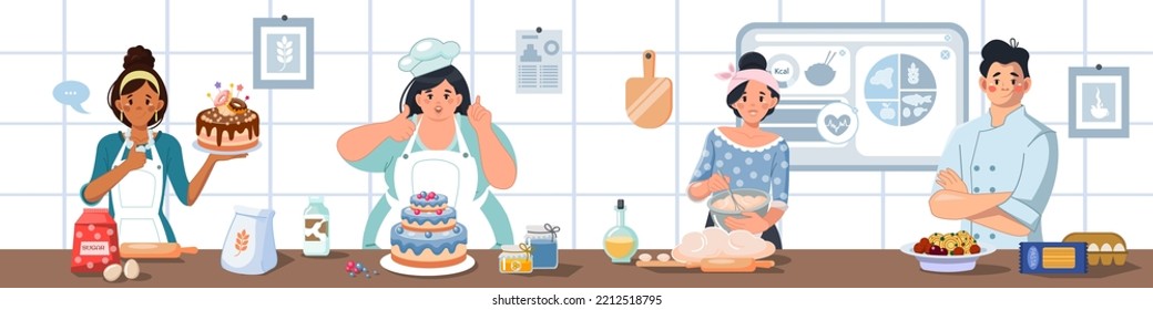 A Variety Of Cartoon Characters In Uniform Cook Food. Nutrition Seminar Dedicated To The Concept Of Healthy Eating. Advanced Training Courses For Chefs. Vector Illustration Of A Culinary Master Class