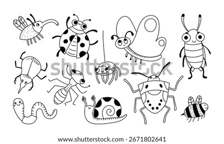 Variety of cartoon insects and bugs drawn in a playful style with bold outlines. The illustration includes a snail, beetle, butterfly, and more in a whimsical arrangement. Cartoon vector illustration.