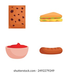 Variety of cartoonstyle fast food icons, including a cookie, sandwich, ketchup bowl, and sausage