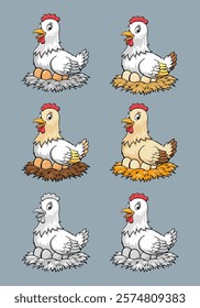 A variety of cartoon-style hen illustrations depicting them sitting on nests with eggs. Perfect for agricultural, farm, or chicken-themed projects and designs emphasizing poultry and hatching concepts