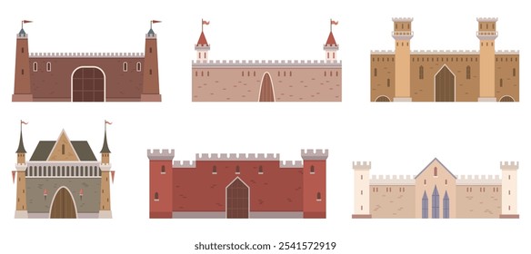 Variety of castles with distinct architectural styles and colours. Ideal for historical studies educational purposes architectural design medieval themes and fantasy stories. Simple clean style