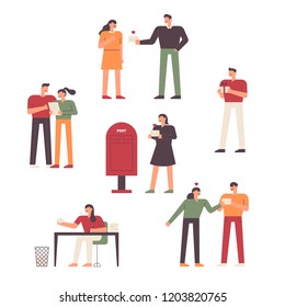 Diversos caracteres para intercambiar cartas. ilustración gráfica vectorial de diseño plano de varias personas.