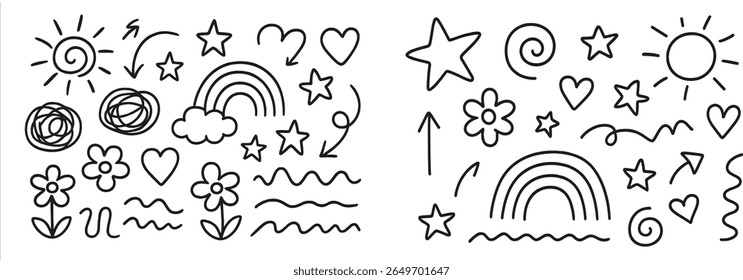 A variety of cheerful doodles including suns, rainbows, hearts, flowers, and whimsical shapes fill the space. The playful artwork creates a light-hearted and joyful vibe.