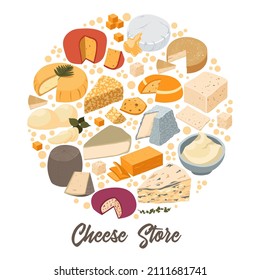 Variety of cheese types and assortment in store or shop, isolated advertising banner with kinds. Gouda and Maasdam, parmesan and camembert, delicatessen from different countries. Vector in flat