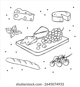 Variedad de quesos, baguette, pan, tomates cherry, albahaca, uvas en una tabla de madera. Conjunto de ilustración de alimentos. Ilustración vectorial dibujada a mano, dibujo minimalista en blanco y negro.