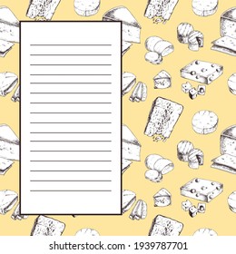 Variety of Cheeses. Template for label, menu, poster for cafe or shop with vertical space for text. Hand Drawn vector illustration.