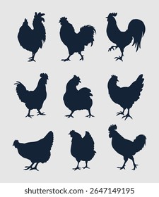variety of chicken and rooster silhouette collection