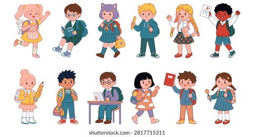 A variety of children engaged in different school activities and settings.