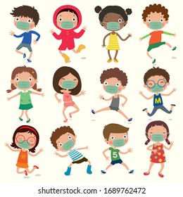 Variety of children gesture, kids wear a Mask to Prevent covid-19. social distance. vector illustration.