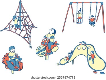 A variety of children playing on playground equipment in the park.