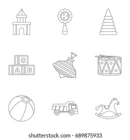 Variety of children toys icon set. Outline style set of 9 variety of children toys vector icons for web isolated on white background