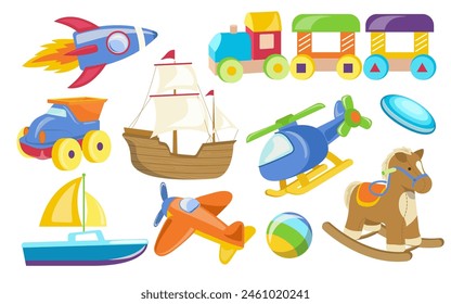 Variety of children toys kit for games, development and education isolated on white background