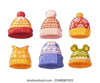 Variety of children winter warm woolen hats casual outwear for seasonal cold weather isolated set