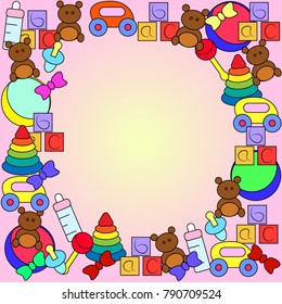A variety of children's toys. Collage with toys for baby girls and boys. Kids learning games.