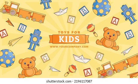 A variety of children's toys, Kids toys on wood shop shelves, kids toys set icons, Baby toy set. Cute funny toys for little kid. Bear, car and doll as a gift for child. Isolated vector illustration