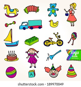 A variety of children's toys, vector illustration hand drawn